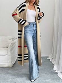 EMERY ROSE Áo khoác cardigan sọc kiểu phương Tây phối màu cổ điển thời trang dành cho nữ, thích hợp cho các ngày lễ và kỳ nghỉ - Nhiều màu - Xem 5