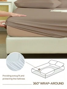 2/3pcs Solid Color Fitted Sheet, Mattress Protector, Mattress Cover, Deep Pocket Fitted Sheet, Soft & Breathable, Fits Twin, Full, Queen, King Size Beds - 14 Inch/35cm Deep Pocket, Machine Washable, Oeko-Tex Certified - Khaki - View 6