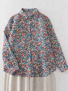 New French Artistic Blue Leaf & Ditsy Floral Shirt, Versatile Blouse Layering Top