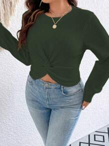 SHEIN Unity Suéter corto de punto de unicolor con dobladillo retorcido, para otoño e invierno, talla grande - Verde - Ver 5