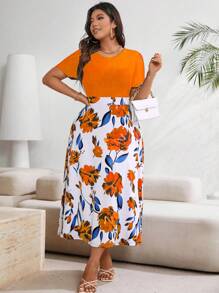 SHEIN Clasi Vestido informal de manga corta con estampado de flores patchwork para mujer de talla grande