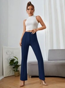 SHEIN PETITE Solid Color High Waist Trousers - Navy Blue - View 3