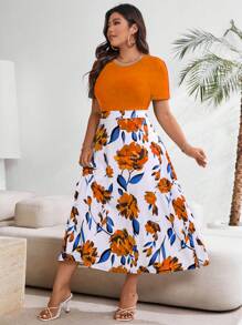 SHEIN Clasi Vestido informal de manga corta con estampado de flores patchwork para mujer de talla grande