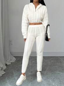 Chiquease 2pcs/Set Solid Color Cropped Hoodie & Pants Set For Women, Fall/Winter