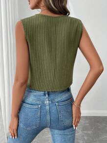 SHEIN LUNE Women's Linen Striped Breathable Vintage Style Sleeveless Shirt - Army Green - View 3