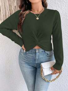 SHEIN Unity Suéter corto de punto de unicolor con dobladillo retorcido, para otoño e invierno, talla grande - Verde - Ver 4