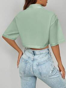 Chiquease 女式休闲纽扣短袖蝙蝠袖上衣，带口袋，夏季女式衬衫 - 綠色 - 查看 2