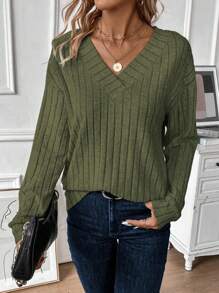 EMERY ROSE Women's Solid Color V-Neck Drop Shoulder Long Sleeve Ribbed Casual Sweatshirt, Autumn Pullover Fall - Army Green - View 6