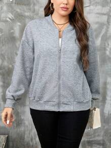 SHEIN LUNE Plus Drop Shoulder Zip Up Bomber Jacket - Light Grey - View 8