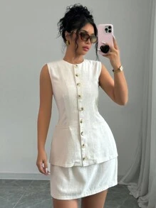 Elenzga 2pcs Ladies' Summer Solid Color Single-Breasted Vest And Mid-Length Skirt Elegant Set - Beige - View 3