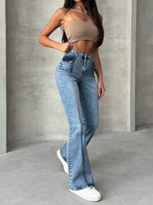 RueChic Mid Waist Pocket Detailed Flare Jean - Medium Wash - View 6