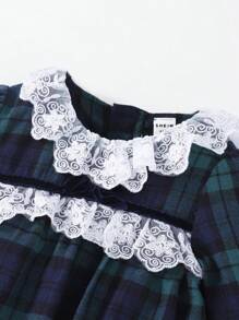 SHEIN 女婴优雅宫廷风蕾丝领格子柔软羊毛连衣裙，适合外出、圣诞节、生日、1 岁生日礼物 - 墨綠色 - 查看 5