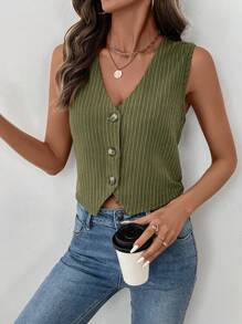 SHEIN LUNE Women's Linen Striped Breathable Vintage Style Sleeveless Shirt - Army Green - View 5