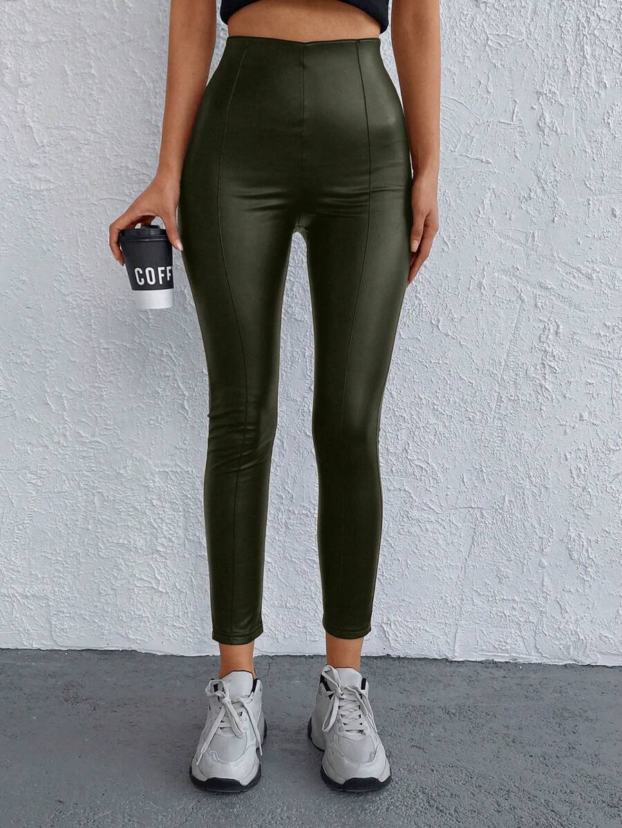 SHEIN Cottnline Women's Solid High Waist Seam Front Crop Leggings - Dark Green - View 1
