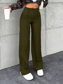 EURMUSE Pantalones informales casuales con botones delanteros de unicolor para mujer - Verde militar - Ver 4