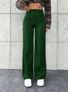 EURMUSE Women's Solid Color Front Button Casual Suit Pants, Daily Wear - Dark Green - View 5