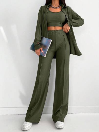 SHEIN PETITE Petite Size Solid Color Drop Shoulder Long Sleeve Shirt, Cropped Vest And Pants Casual Three-Piece Suit
