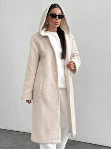 SHEIN Cottnline Women's Solid Color Long Sleeve Hooded Pockets Long Cardigan For Fall/Winter - Beige - View 6
