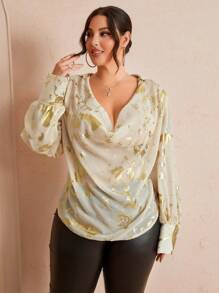 SHEIN Unity 大码女式春夏亮片翻领长袖优雅衬衫 - 杏色 - 查看 1