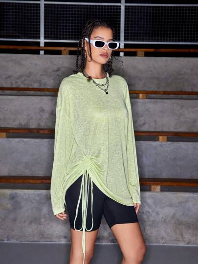 Streetz SHEIN Sport Round Neck Solid Color Drawstring Asymmetric Hem Long Sleeve Sweatshirt