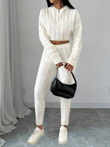 Chiquease 2pcs/Set Solid Color Cropped Hoodie & Pants Set For Women, Fall/Winter