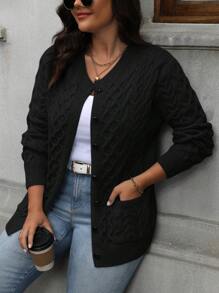 Áo len cardigan màu trơn thường ngày cỡ lớn, Thu/Đông - màu đen - Xem 3