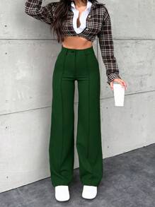 EURMUSE Women's Solid Color Front Button Casual Suit Pants, Daily Wear - Dark Green - View 1