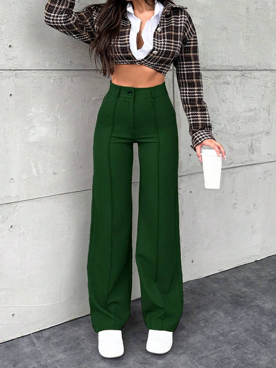 EURMUSE Women's Solid Color Front Button Casual Suit Pants, Daily Wear - Dark Green - View 1