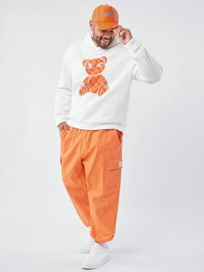 Manfinity VCAY 两件套加大码男士宽松小熊图案卫衣和抽绳腰带慢跑裤套装，舒适保暖，秋季服装