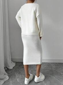 Chiquease 2pcs Women's Casual Solid Color Crew Neck Oversized Sweater And Sweater Skirt Set, Autumn Winter Fall Cloth For Women - Beige - View 2