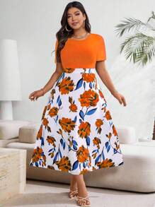 SHEIN Clasi Vestido informal de manga corta con estampado de flores patchwork para mujer de talla grande