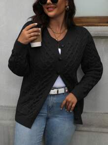 Áo len cardigan màu trơn thường ngày cỡ lớn, Thu/Đông - màu đen - Xem 5