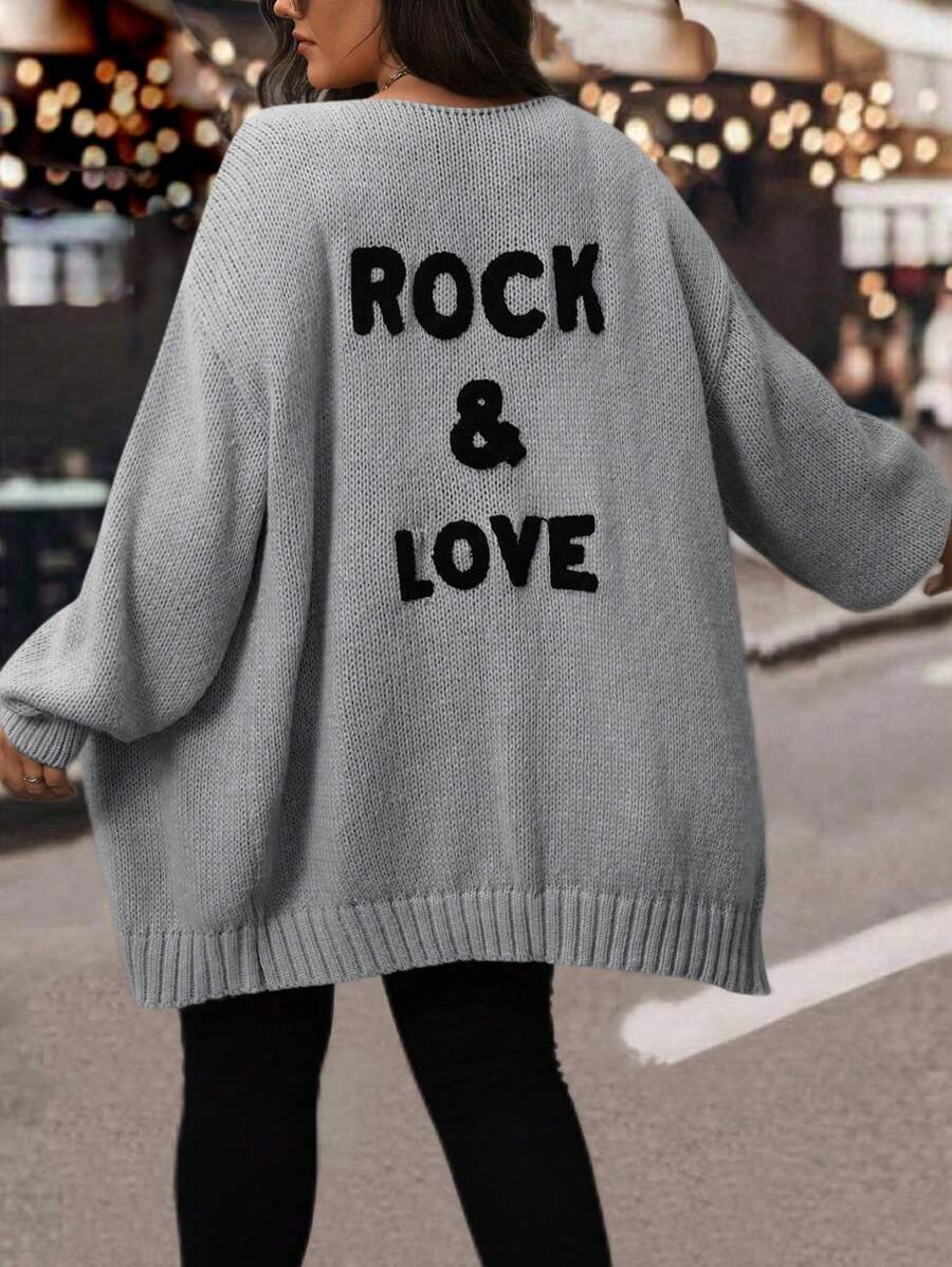 SHEIN LUNE 大码休闲字母印花落肩宽松开衫，适合冬季