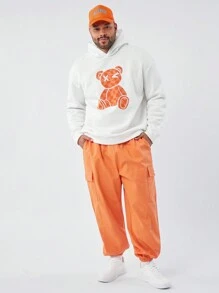 Mainfolk Setelan 2pcs Pria Ukuran Besar: Sweatshirt Longgar Bergambar Beruang dan Celana Jogger dengan Tali Pinggang, Pakaian Nyaman, Pakaian Musim Gugur - Putih - View 3