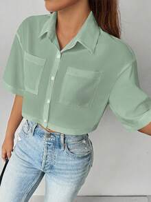 Chiquease 女式休闲纽扣短袖蝙蝠袖上衣，带口袋，夏季女式衬衫 - 綠色 - 查看 4