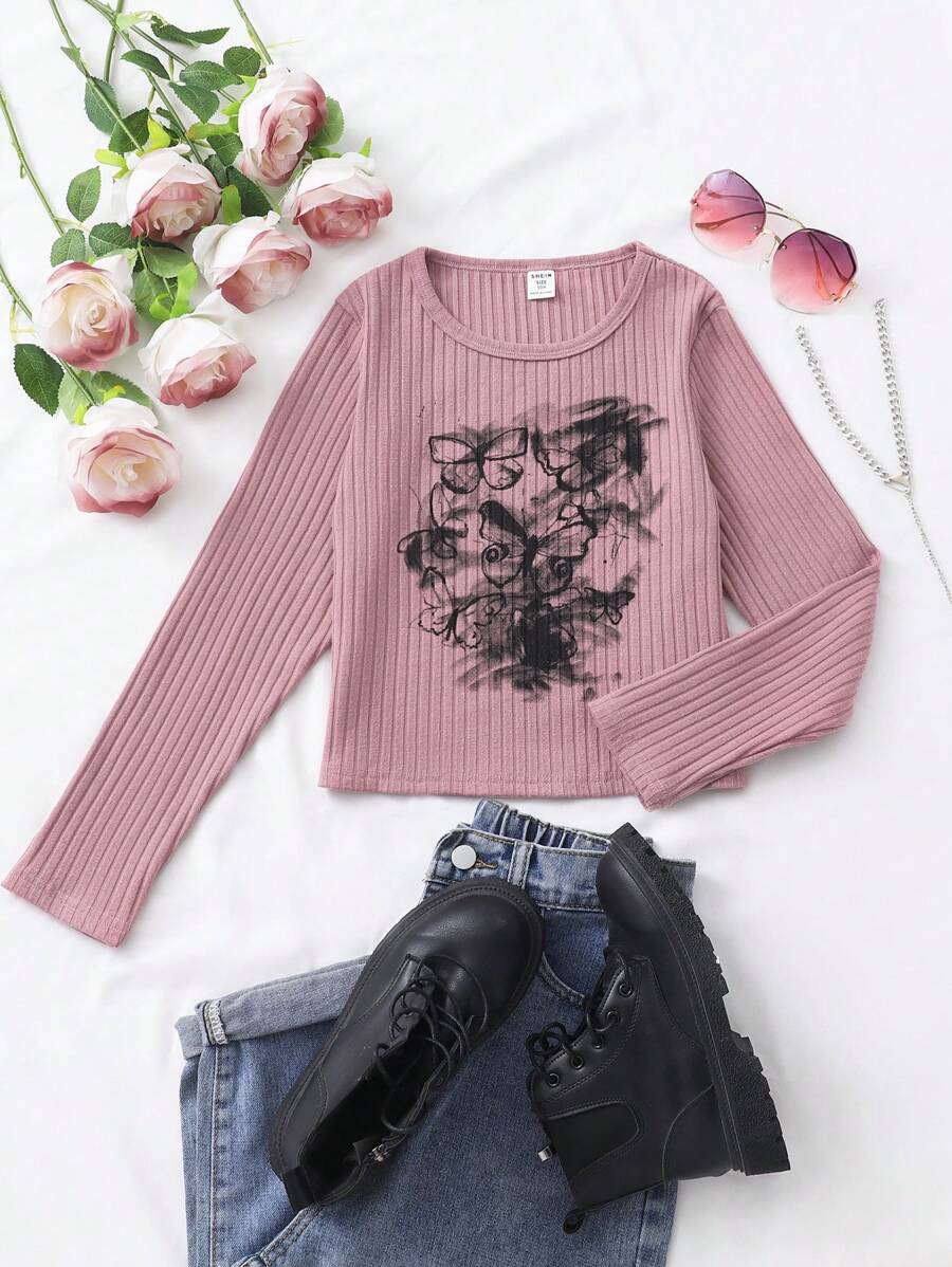 女孩蝴蝶印花罗纹圆领 T 恤 - 粉色 - 查看 1