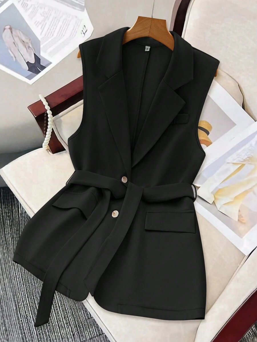 GlowEve Solid Lapel Collar Flap Detail Belted Waistcoat - Black - View 1