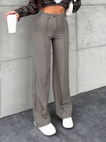 EURMUSE 女士纯色拉链门襟直腿西装裤 - 淺灰色 - 查看 4