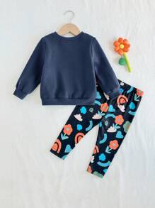 Cozy Pixies 2 件装女婴花卉印花针织柔软圆领套头衫和裤子套装 - 彩色 - 查看 2