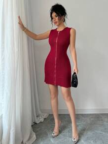Chiquease Women's Solid Color Front Zipper Sleeveless Casual Sweater Dress - Burgundy - View 3