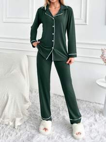 EURMUSE Women Binding Detail Homewear Pajama Set - Green - View 5