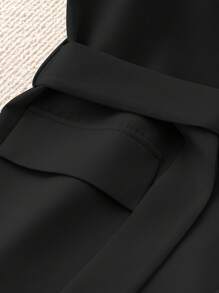 GlowEve Solid Lapel Collar Flap Detail Belted Waistcoat - Black - View 4