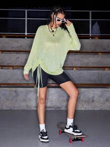 Streetz SHEIN Sport 圆领纯色抽绳不对称下摆长袖运动衫 - 綠色 - 查看 6