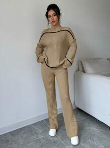 Elenzga 2pcs Set Casual Ribbed Knit Dropped Shoulder Loose Sweater And Pants For Autumn/Winter - Apricot - View 3