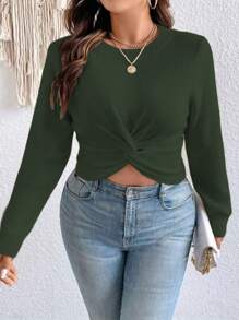 SHEIN Unity Suéter corto de punto de unicolor con dobladillo retorcido, para otoño e invierno, talla grande - Verde - Ver 6