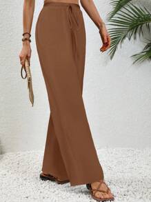 Chiquease Quần ống đứng đơn sắc thường ngày cho nữ có túi buộc phía trước - Màu Khaki - Xem 6