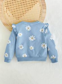 Cozy Pixies Baby Girl Floral Print Round Neck Ruffle Trim Raglan Sleeve Pullover Sweatshirt - Blue - View 2