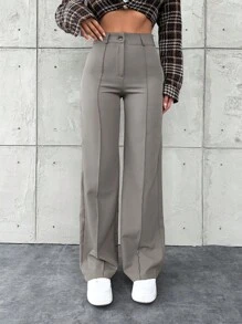 EURMUSE 女士纯色拉链门襟直腿西装裤 - 淺灰色 - 查看 5