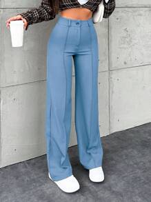 EURMUSE Women Solid Zipper Fly Seam Front Straight Leg Suit Pants - Baby Blue - View 4