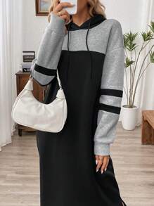 SHEIN LUNE 女式休闲拼色抽绳连帽长款厚款运动衫连衣裙，秋季 - 彩色 - 查看 6